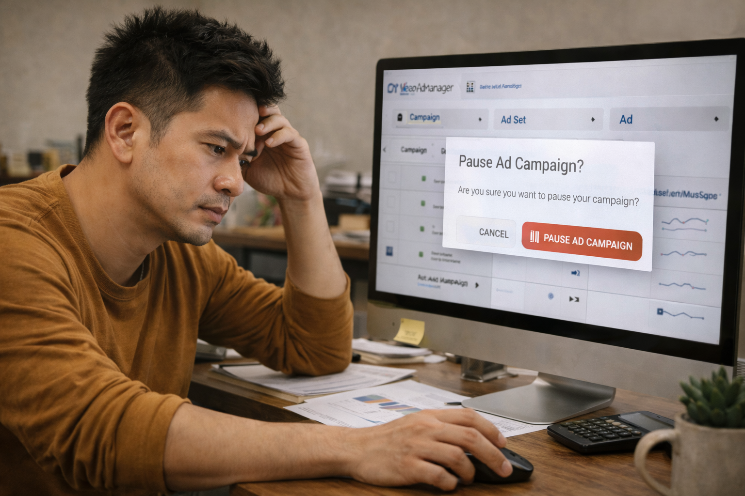 Person hesitating whether to pause ads